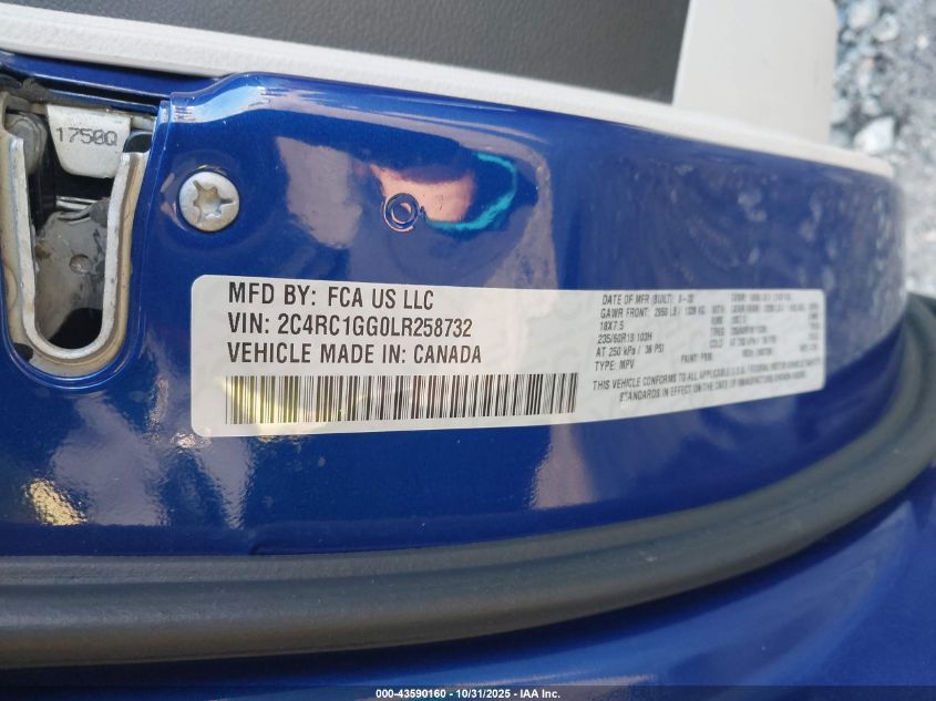 2020 Chrysler Pacifica Limited VIN: 2C4RC1GG0LR258732 Lot: 43590160