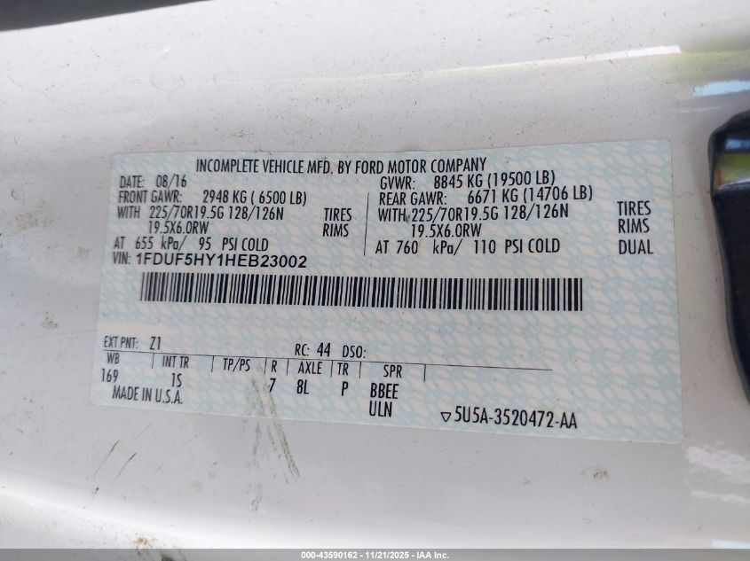 2017 Ford F-550 Chassis Xl VIN: 1FDUF5HY1HEB23002 Lot: 43590162