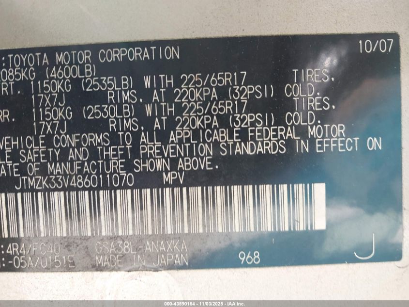 2008 Toyota Rav4 Base V6 VIN: JTMZK33V486011070 Lot: 43590164