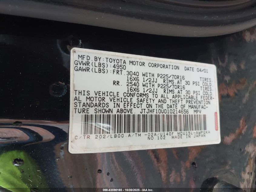 2001 Lexus Rx 300 VIN: JTJHF10U010214656 Lot: 43590165