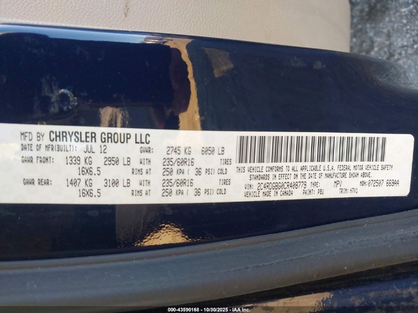 2012 Dodge Grand Caravan Se/Avp VIN: 2C4RDGBG0CR408779 Lot: 43590168