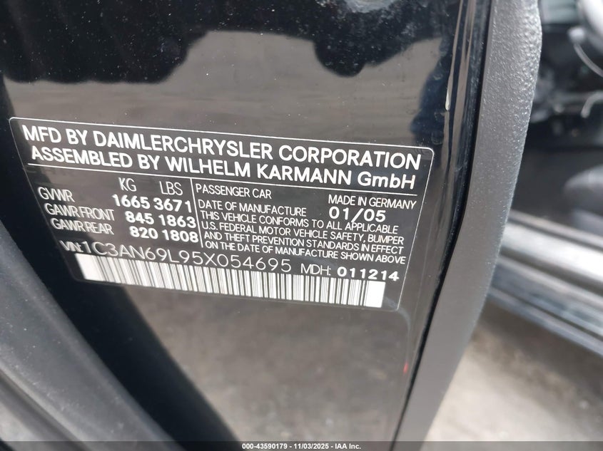 2005 Chrysler Crossfire Limited VIN: 1C3AN69L95X054695 Lot: 43590179