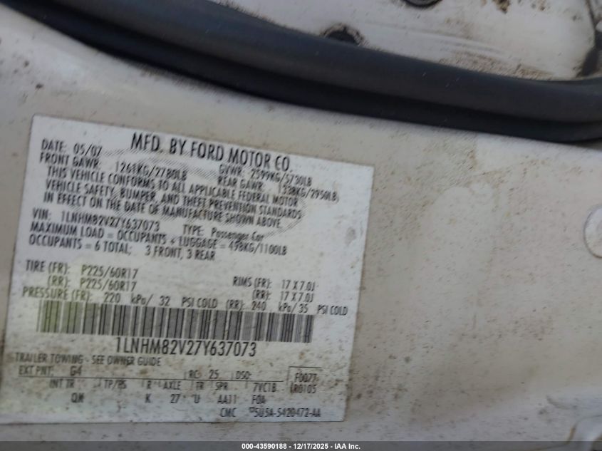 2007 Lincoln Town Car Signature Limited VIN: 1LNHM82V27Y637073 Lot: 43590188