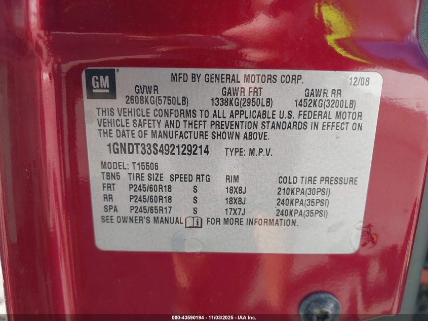 1GNDT33S492129214 2009 CHEVROLET TRAILBLAZER photo no. 9