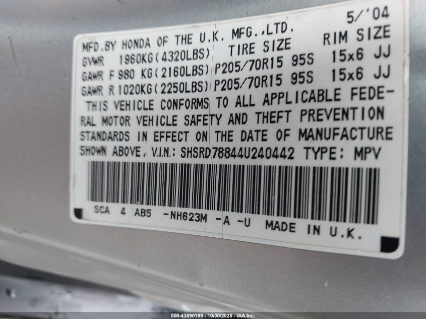 2004 Honda Cr-V Ex VIN: SHSRD78844U240442 Lot: 43590199