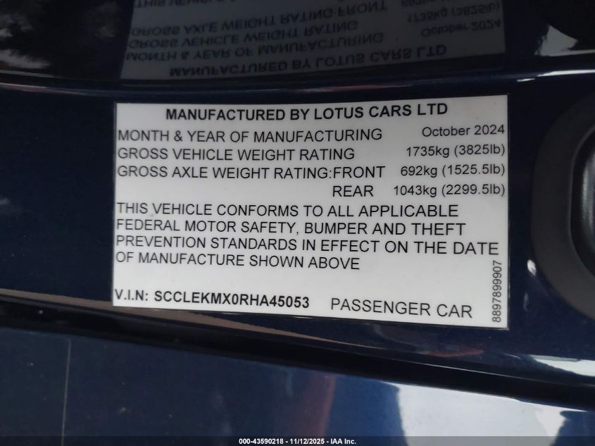 2024 Lotus Emira First Edition VIN: SCCLEKMX0RHA45053 Lot: 43590218