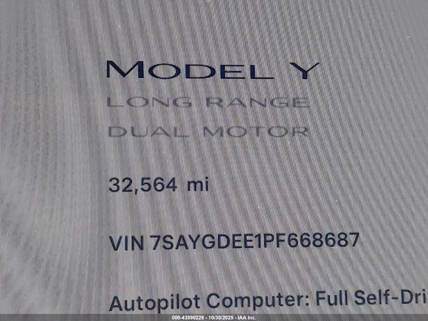 2023 Tesla Model Y Awd/Long Range Dual Motor All-Wheel Drive VIN: 7SAYGDEE1PF668687 Lot: 43590228