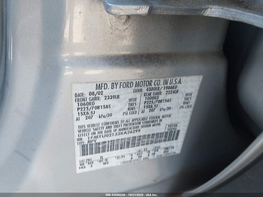 2003 Ford Escape Xls VIN: 1FMYU02133KA26299 Lot: 43590240