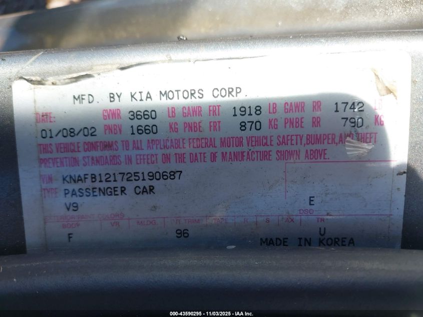 2002 Kia Spectra Ls VIN: KNAFB121725190687 Lot: 43590295