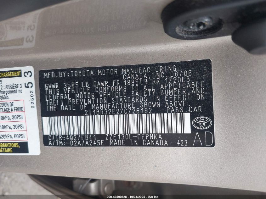 2007 Toyota Corolla Le VIN: 2T1BR32E27C726192 Lot: 43590328