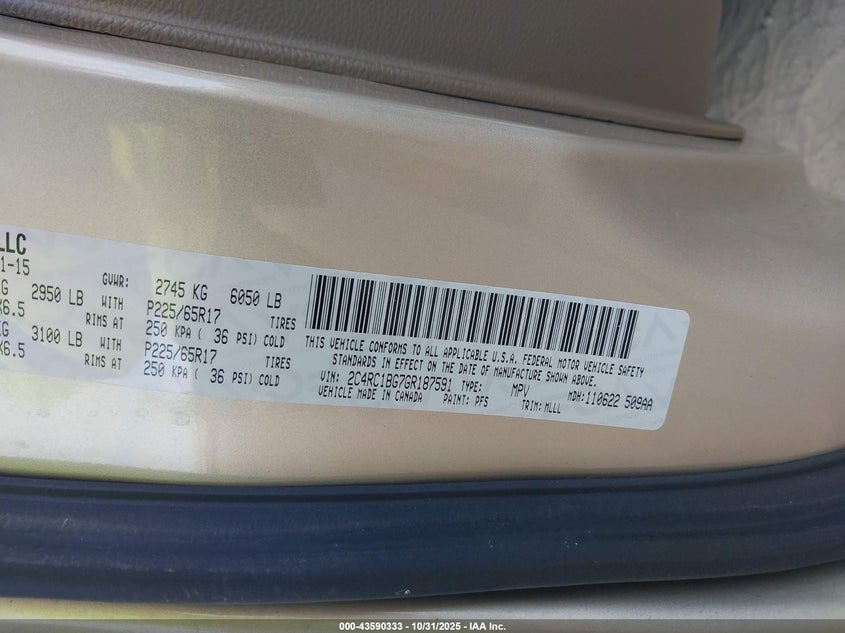 2016 Chrysler Town & Country Touring VIN: 2C4RC1BG7GR187591 Lot: 43590333