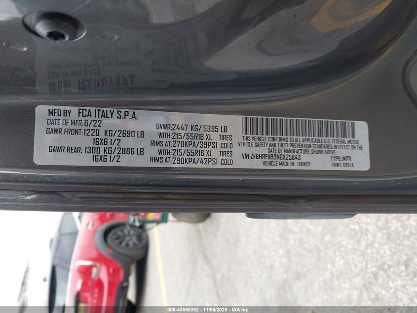 2022 Ram Promaster City Wagon VIN: ZFBHRFAB9N6X25843 Lot: 43590352