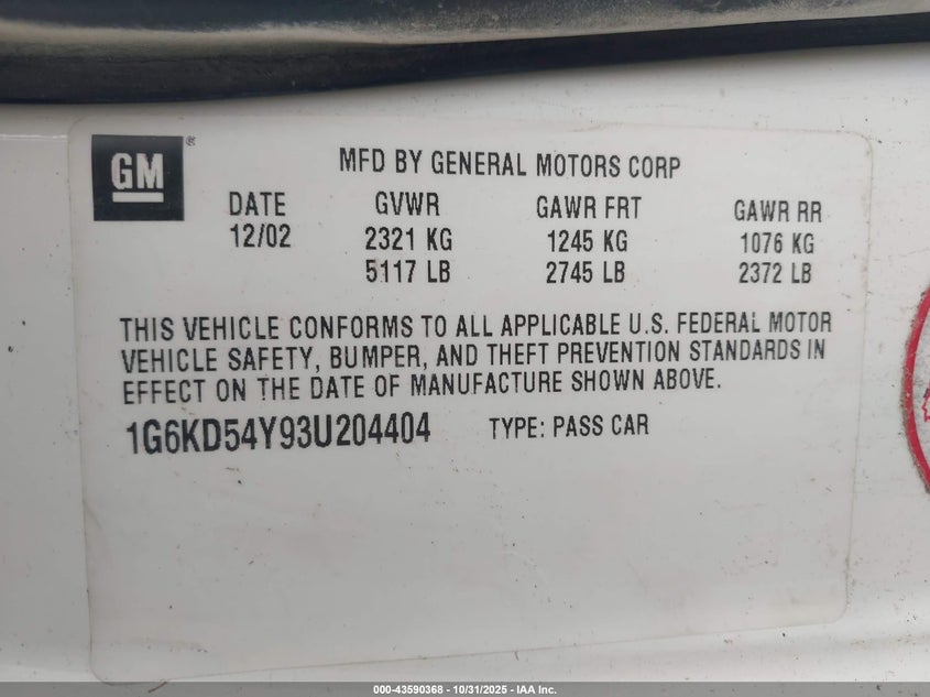 2003 Cadillac Deville Standard VIN: 1G6KD54Y93U204404 Lot: 43590368