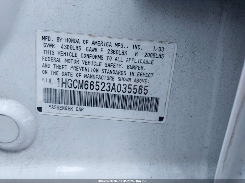 2003 Honda Accord 3.0 Ex VIN: 1HGCM66523A035565 Lot: 43590376