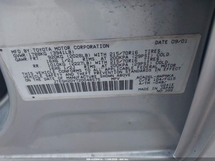 2002 Toyota Rav4 VIN: JTEGH20V720048575 Lot: 43590414