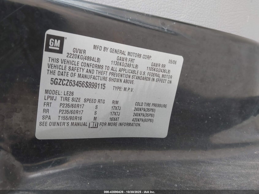 2006 Saturn Vue V6 VIN: 5GZCZ63456S899115 Lot: 43590428