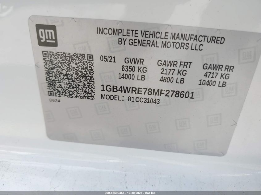 2021 Chevrolet Silverado 3500Hd Chassis Work Truck VIN: 1GB4WRE78MF278601 Lot: 43590455