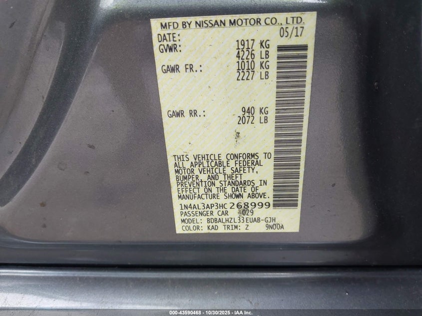 2017 NISSAN ALTIMA 2.5 SR 1N4AL3AP3HC268999