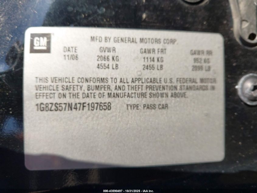 2007 Saturn Aura Xe VIN: 1G8ZS57N47F197658 Lot: 43590497