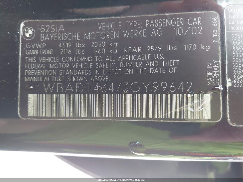 2003 BMW 525Ia VIN: WBADT43473GY99642 Lot: 43590524