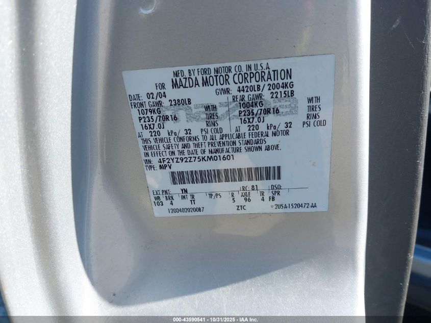 2005 Mazda Tribute I VIN: 4F2YZ92Z75KM01601 Lot: 43590541