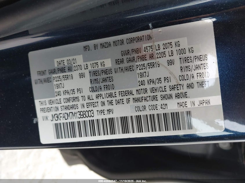 JM3KFADM7M1398003 2021 MAZDA CX-5 photo no. 9