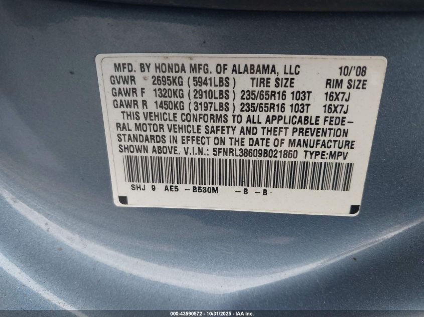 2009 Honda Odyssey Ex-L VIN: 5FNRL38609B021860 Lot: 43590572