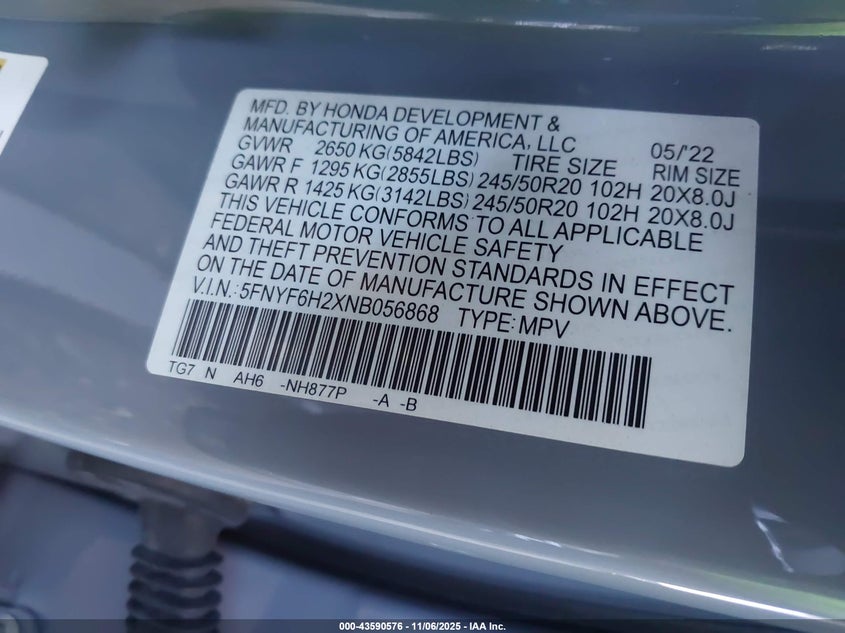 2022 HONDA PILOT AWD SPECIAL EDITION 5FNYF6H2XNB056868
