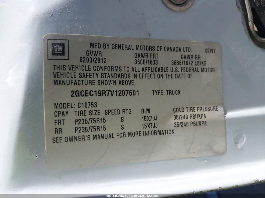 1997 Chevrolet C1500 Fleetside VIN: 2GCEC19R7V1207601 Lot: 43590577