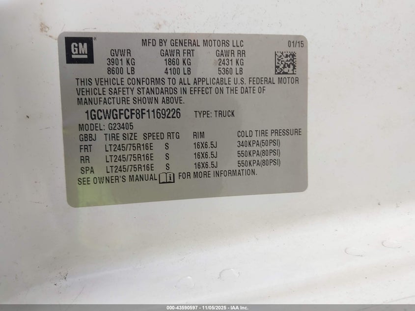 2015 CHEVROLET EXPRESS 2500 WORK VAN 1GCWGFCF8F1169226