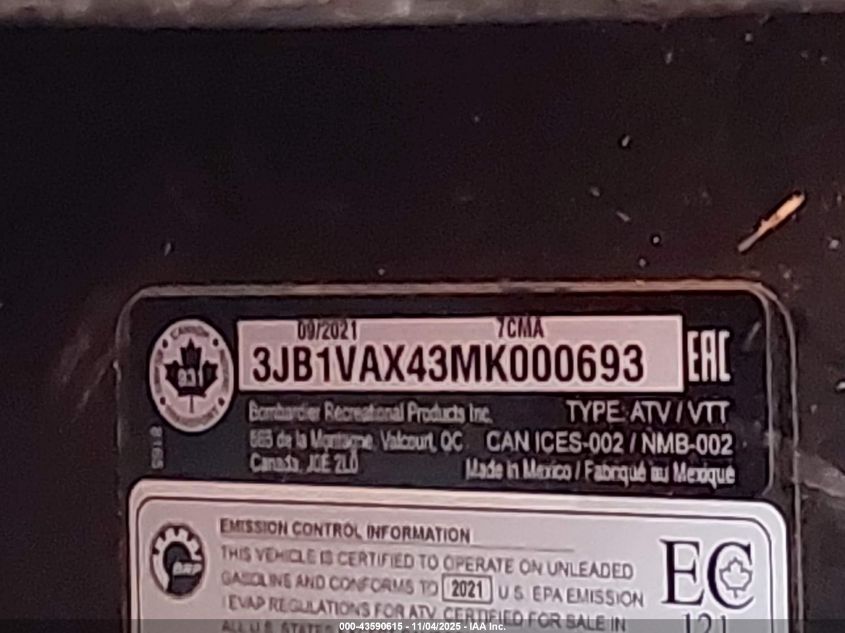 2021 Can-Am Maverick Sport X Xc 1000R VIN: 3JB1VAX43MK000693 Lot: 43590615