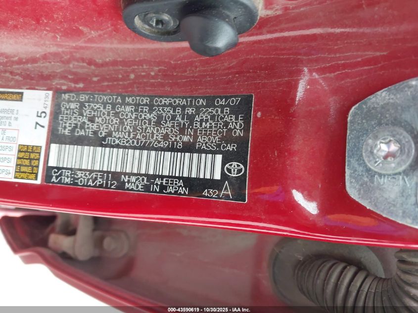 2007 Toyota Prius VIN: JTDKB20U777649118 Lot: 43590619