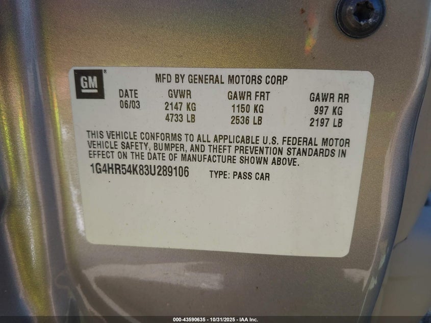 2003 Buick Lesabre Limited VIN: 1G4HR54K83U289106 Lot: 43590635