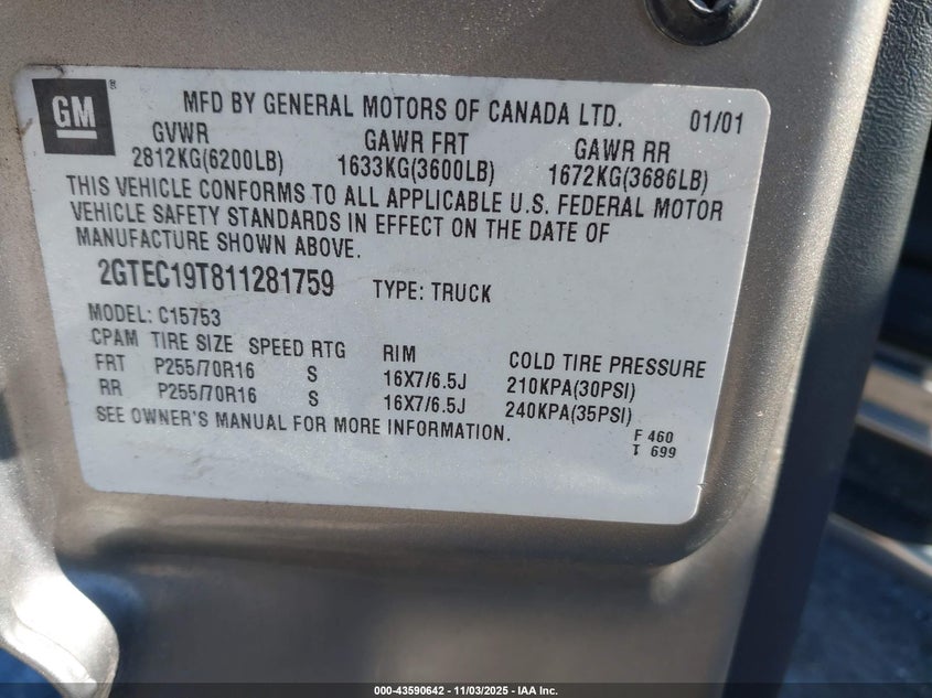 2001 GMC Sierra 1500 Sle VIN: 2GTEC19T811281759 Lot: 43590642