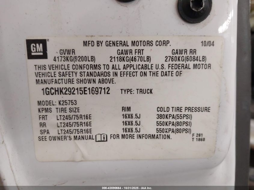 2005 Chevrolet Silverado 2500Hd Ls VIN: 1GCHK29215E169712 Lot: 43590664