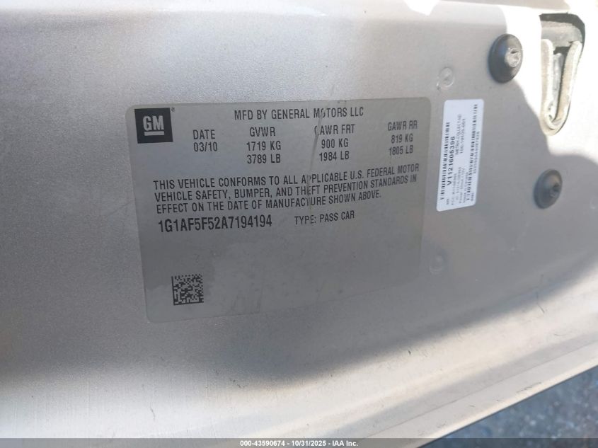 2010 Chevrolet Cobalt Lt VIN: 1G1AF5F52A7194194 Lot: 43590674