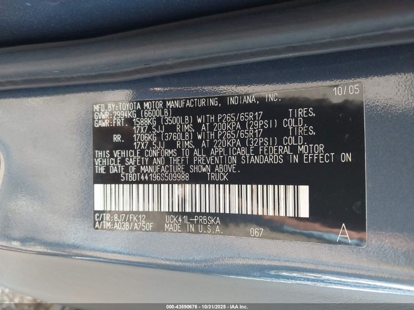 2006 Toyota Tundra Darrell Waltrip Edition/Sr5 V8 VIN: 5TBDT44196S509988 Lot: 43590676