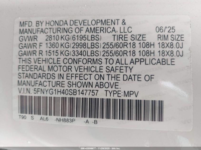 2025 Honda Pilot Ex-L VIN: 5FNYG1H40SB147757 Lot: 43590677