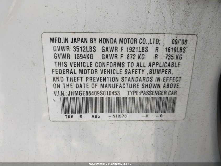 2009 Honda Fit Sport VIN: JHMGE88409S010453 Lot: 43590691