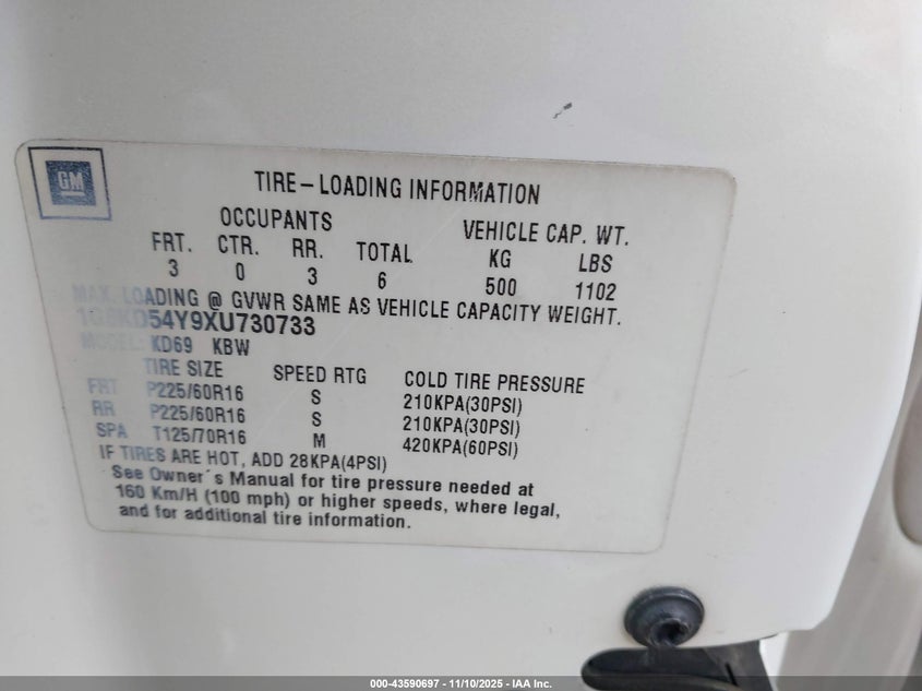 1999 Cadillac Deville Standard VIN: 1G6KD54Y9XU730733 Lot: 43590697