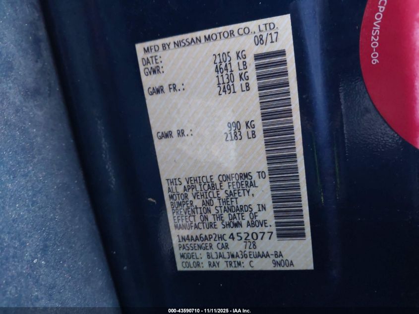 2017 Nissan Maxima 3.5 Sv VIN: 1N4AA6AP2HC452077 Lot: 43590710