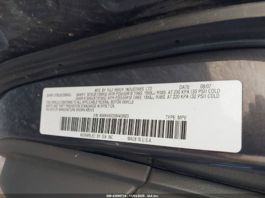 2008 Subaru Tribeca Limited 5-Passenger VIN: 4S4WX93D384408923 Lot: 43590714