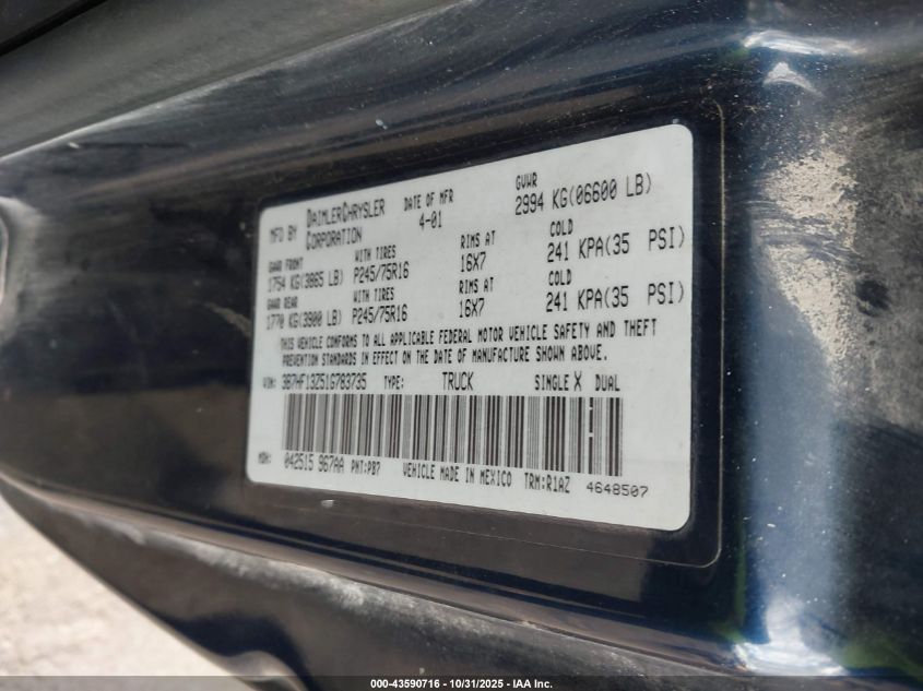 2001 Dodge Ram 1500 St VIN: 3B7HF13Z51G783735 Lot: 43590716