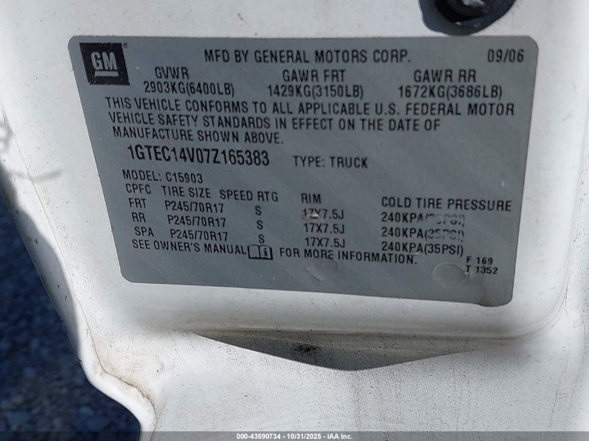 2007 GMC Sierra 1500 Classic Work Truck VIN: 1GTEC14V07Z165383 Lot: 43590734