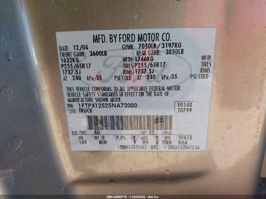 2005 Ford F-150 Lariat/Xl/Xlt VIN: 1FTPX12525NA72000 Lot: 43590775