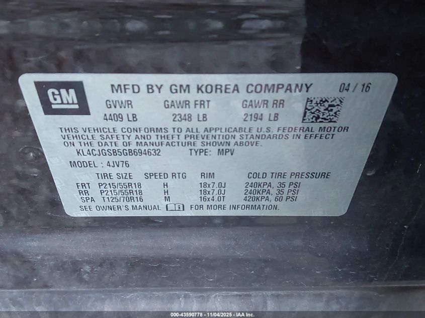 2016 Buick Encore Leather VIN: KL4CJGSB5GB694632 Lot: 43590778