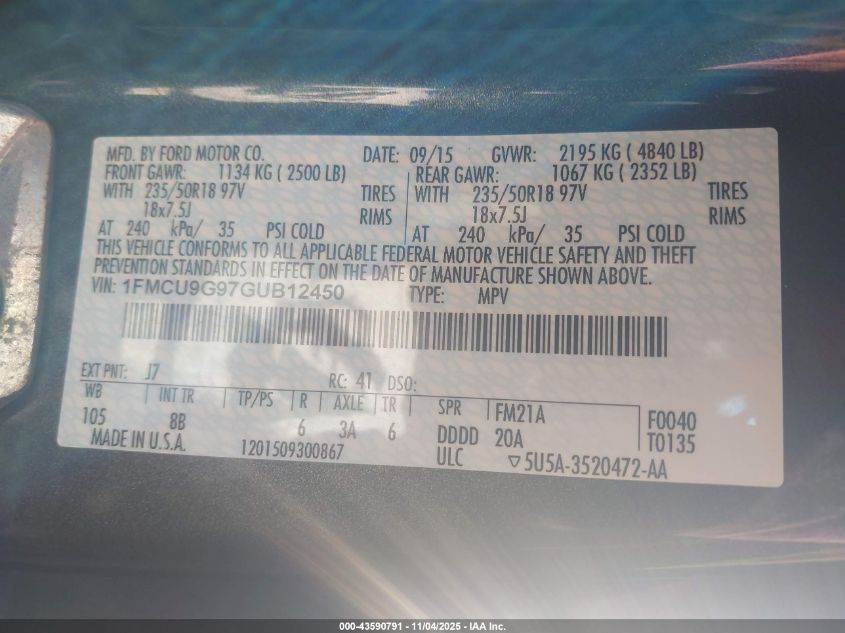 2016 Ford Escape Se VIN: 1FMCU9G97GUB12450 Lot: 43590791