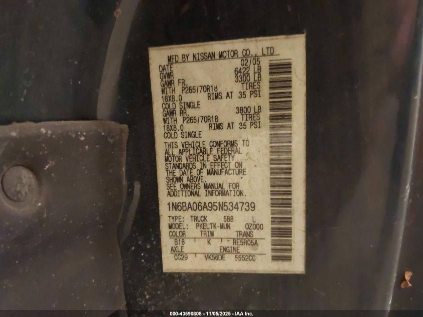 2005 Nissan Titan Se VIN: 1N6BA06A95N534739 Lot: 43590808