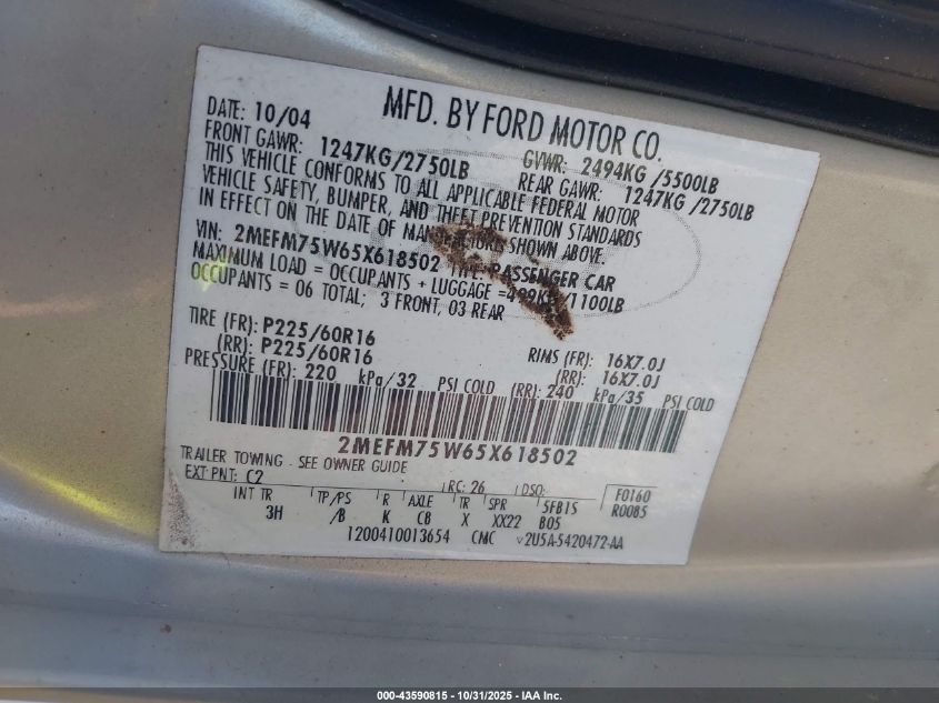 2005 Mercury Grand Marquis Ls/Lse VIN: 2MEFM75W65X618502 Lot: 43590815