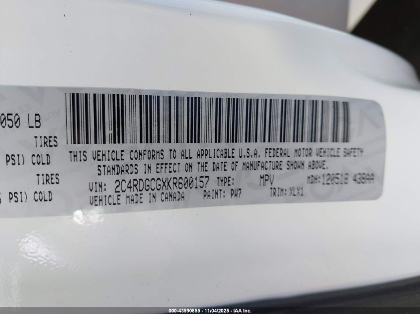 2019 Dodge Grand Caravan Sxt VIN: 2C4RDGCGXKR600157 Lot: 43590855